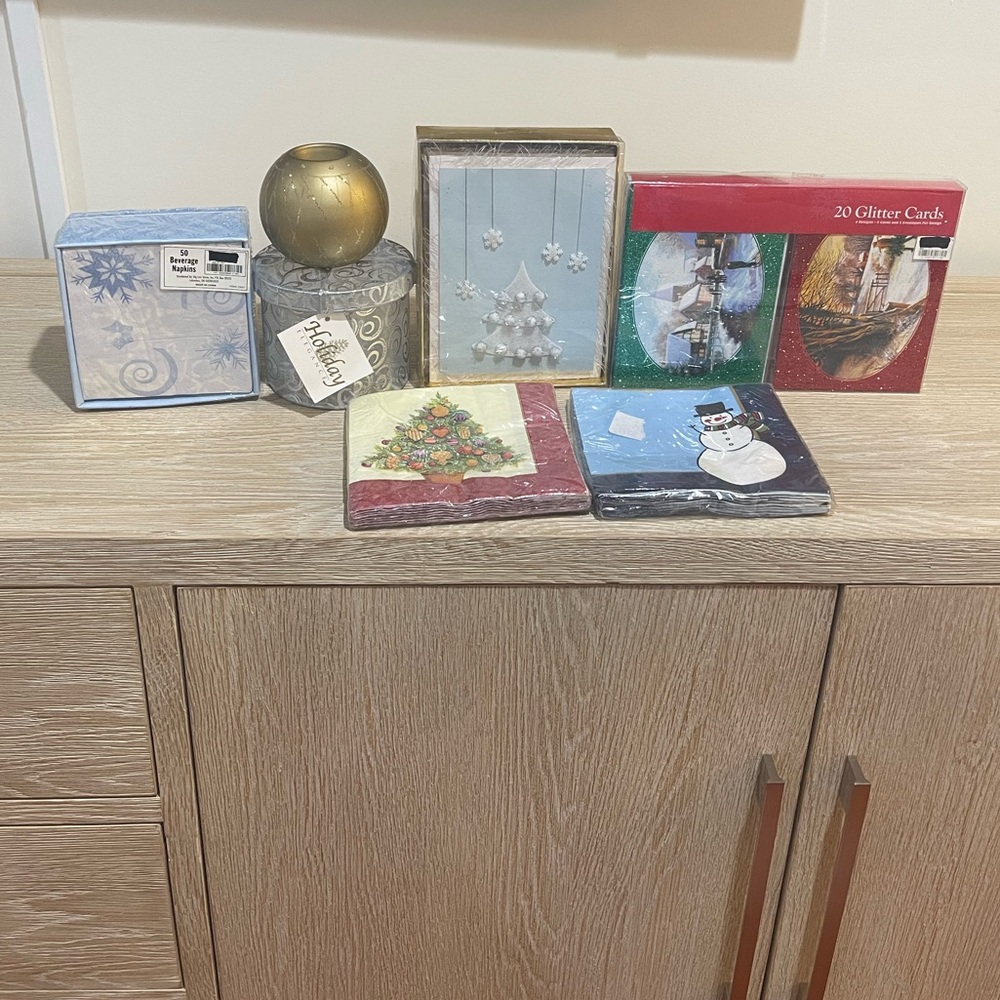 Holiday Napkins, Cards,Candle Holder,Gift Basket.